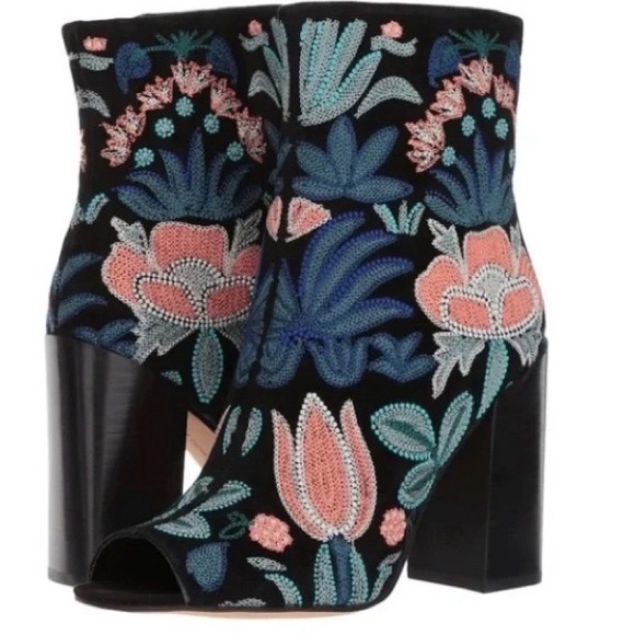 Rebecca Minkoff “Billie” Embroidered Open Toe Suede Booties Size 7.5 - Picture 5 of 14